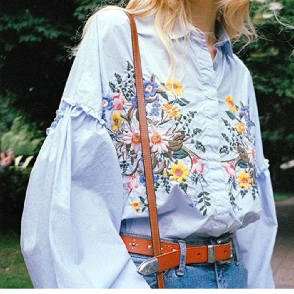TOPSHOP Floral Embroidered Blouse with Ruffle Sleeves